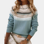 Damenpullover blau, Norwegermuster, Strick, Wintermode, Langarm, modisch, warm, elegant