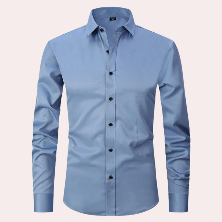 Blaues Herrenhemd, langärmelig, Stretch, Knopfleiste, elegantes Design, Businessmode.