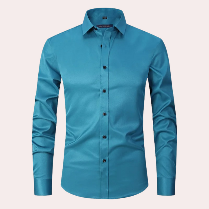 Blaues Herren-Stretchhemd, langärmelig, Knopfleiste, elegantes Design, Baumwolle.