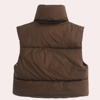 Braune Daunenweste, ärmellos, warm, modisch, Winterbekleidung, Unisex, Outdoor, Rückansicht.