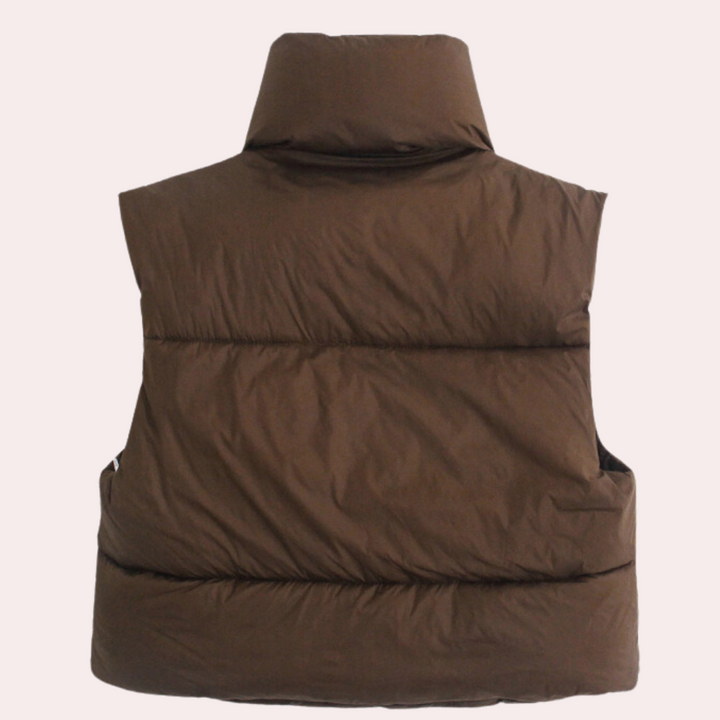 Braune Daunenweste, ärmellos, warm, modisch, Winterbekleidung, Unisex, Outdoor, Rückansicht.