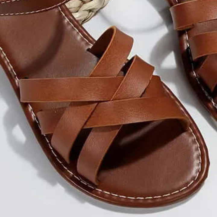 Braune Ledersandale mit geflochtener Sohle, Damenmode, Sommerschuh, bequem, elegant