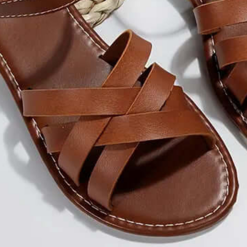 Braune Ledersandale mit geflochtener Sohle, Damenmode, Sommerschuh, bequem, elegant