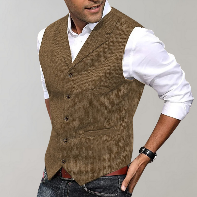 Braune Herrenweste aus Tweed, klassisch, elegant, ideal für formelle Anlässe.