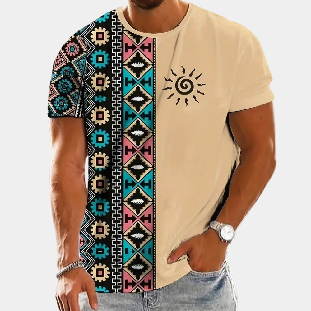 Herren T-Shirt mit Ethno-Muster, beige und bunt, Kurzarm, Baumwolle, Freizeitmode.