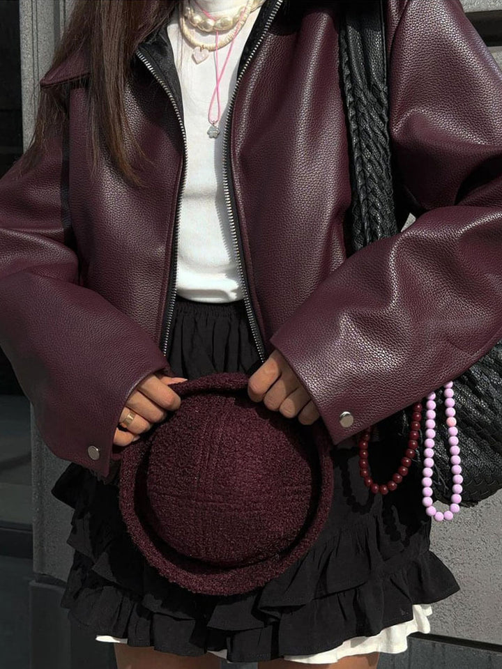 Bordeauxrote Leder Damenjacke mit Reißverschluss – Alessia