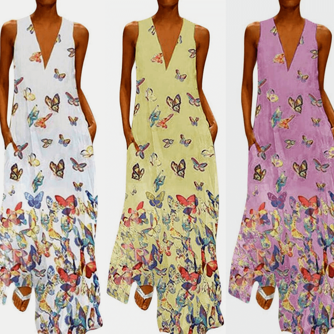 Trendy Ärmelloses Maxi-Sommerkleid mit Schmetterlingsmuster – Malia