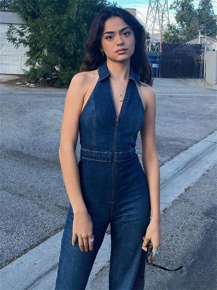 Atmungsaktiv & Stylisch Denim Jumpsuit mit V-Ausschnitt Damen – Fenja