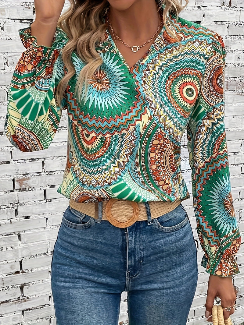 Damen Bluse mit Blumenmuster & V-Ausschnitt für Frühling & Herbst – Selina