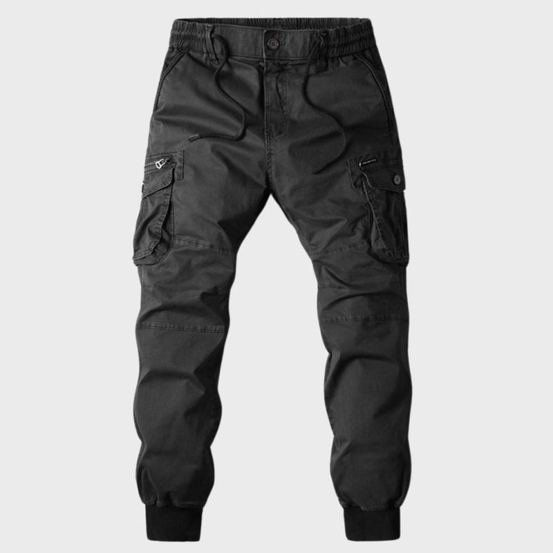 Schwarze Herren Cargo-Jogginghose, elastischer Bund, Taschen, Freizeitmode, Baumwolle.
