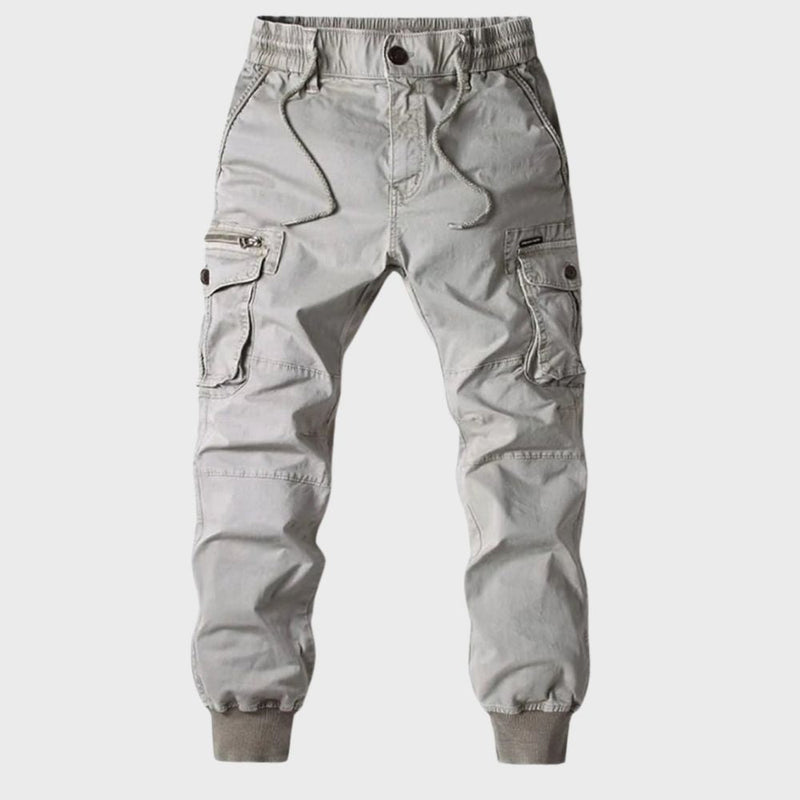 Hellgraue Cargo-Jogginghose für Herren, Baumwolle, elastischer Bund, Taschen, Freizeitmode.