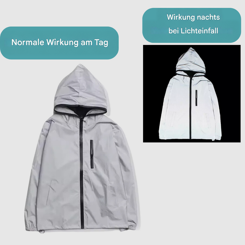 Vergleich der Jacke bei Tageslicht in mattem Grau und bei Lichteinfall nachts hell reflektierend auf Schwarz 9