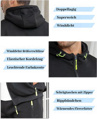 Schwarzer Anzug in drei Detailaufnahmen: doppellagige Kapuze, Kordelzug mit Reißverschluss und Schlitztaschen mit auffälligen 22