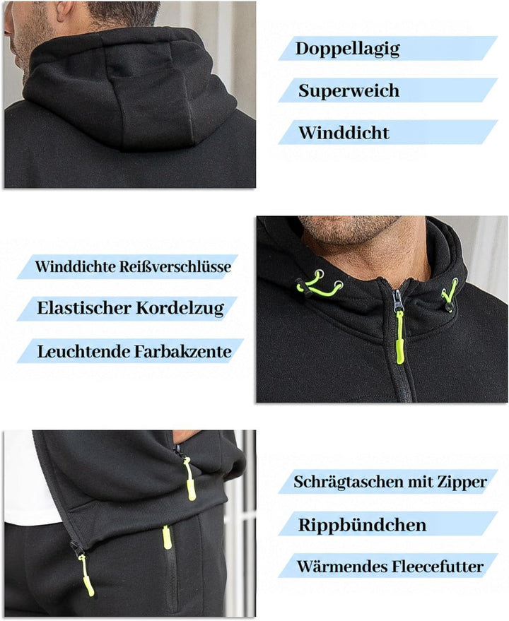 Schwarzer Anzug in drei Detailaufnahmen: doppellagige Kapuze, Kordelzug mit Reißverschluss und Schlitztaschen mit auffälligen 22