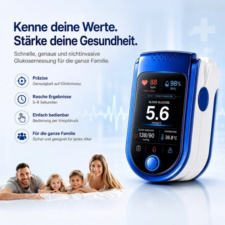 Das Messgerät schräg von vorn neben einer lächelnden Familie mit zwei Kindern, die auf einem Bett liegt, links vier Merkmale mit Symbolen. 5