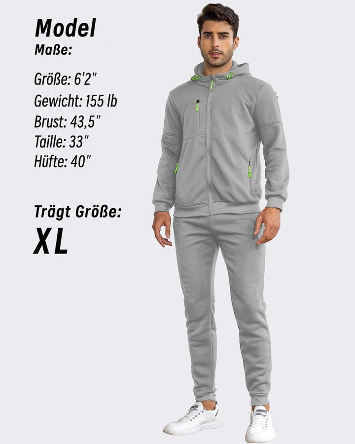 Model im grauen Anzug in Frontansicht, daneben eine Größenangabe zum Model und zur getragenen Größe XL 26