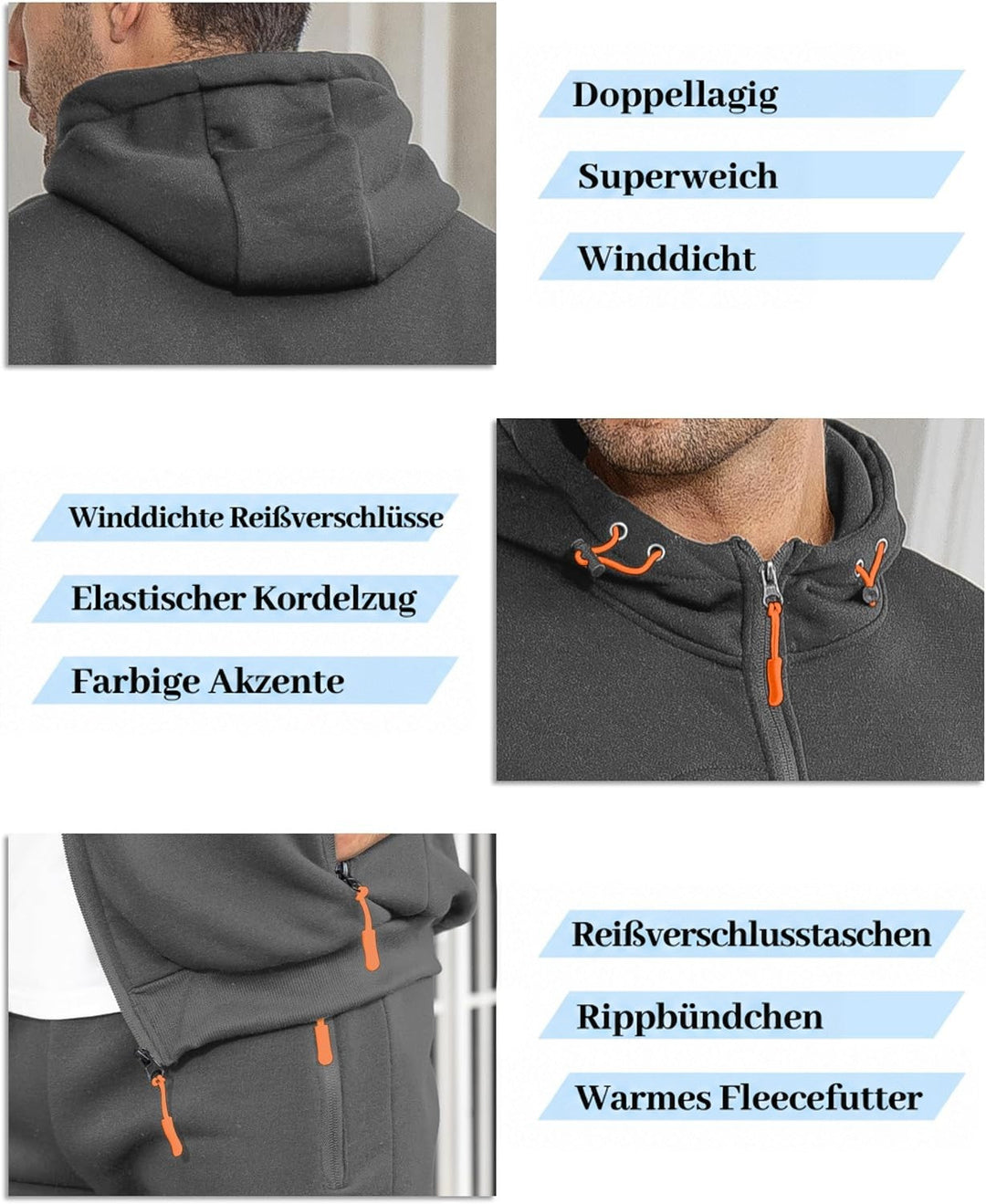 Detailcollage in Grau: doppellagige Kapuze, Kordelzug mit orangen Stoppern, schräge Reißverschlusstaschen und gerippter Saum 10