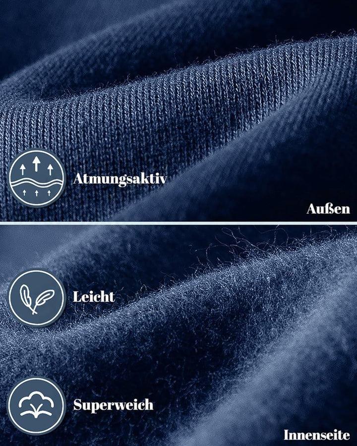 Nahaufnahme des marineblauen Stoffs: gestrickte Außenseite und weich angeraute Innenseite im Vergleich 5