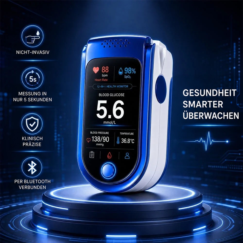 Messgerät auf einem leuchtenden Podest vor dunkelblauem Technik-Hintergrund mit vier Funktionssymbolen. 7