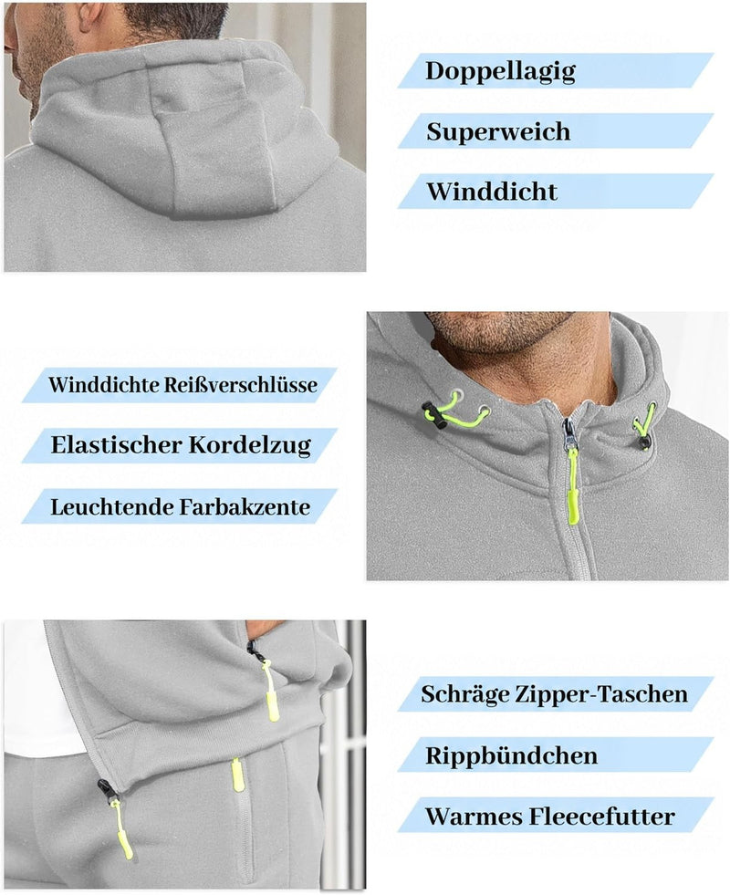 Grauer Anzug in drei Detailaufnahmen: doppellagige Kapuze, Kordelzug am Kragen und Reißverschlusstaschen mit gelbgrünen 28