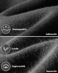 Nahaufnahme des schwarzen Stoffs: außen glatt gestrickte Oberfläche, innen weiches aufgerautes Fleece 23