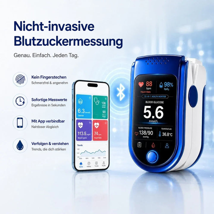 Das Messgerät neben einem Smartphone mit Gesundheits-App, dazwischen ein Bluetooth-Symbol, links vier Funktionspunkte. 10