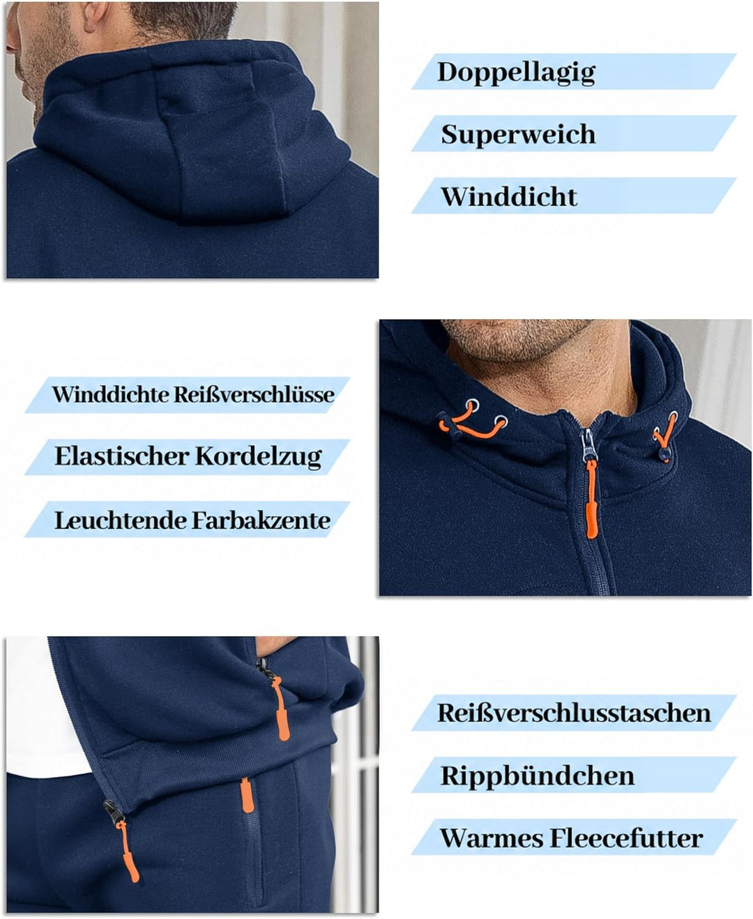 Collage mit Detailaufnahmen in Marineblau: doppellagige Kapuze, Kordelzug mit orangen Stoppern, Reißverschlusstaschen und 4