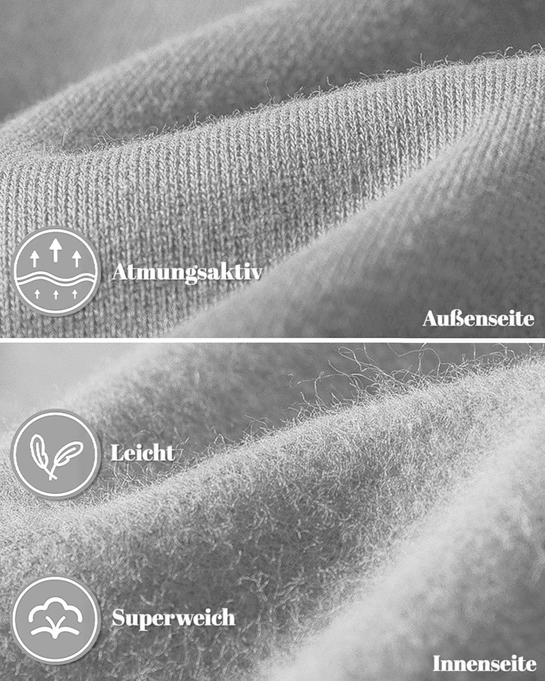 Nahaufnahme des grauen Stoffs: außen feine Strickstruktur, innen weiches aufgerautes Fleece, jeweils mit 29