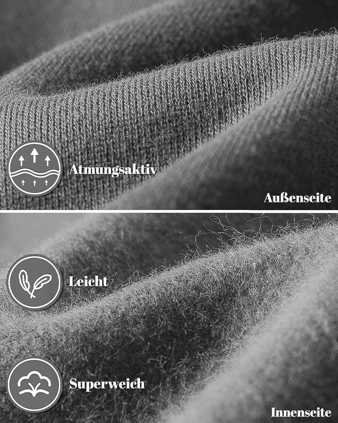 Nahaufnahme des grauen Stoffs: Strickstruktur außen, flauschige Fleece-Innenseite darunter 11