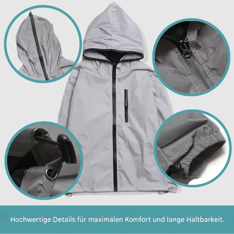 Collage mit Detailaufnahmen von Kapuzenreißverschluss, Frontreißverschluss, Saumkordelzug mit Ösen und elastischem 5