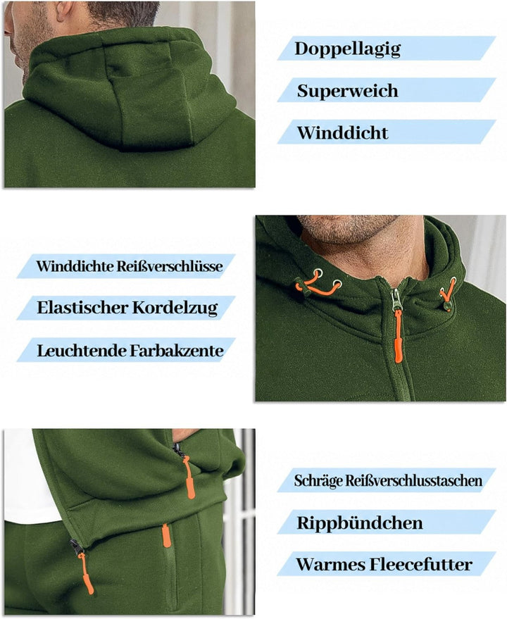 Detailcollage in Grün: doppellagige Kapuze, Kordelzug mit orangen Stoppern, Reißverschlusstaschen und gerippter Saum 16