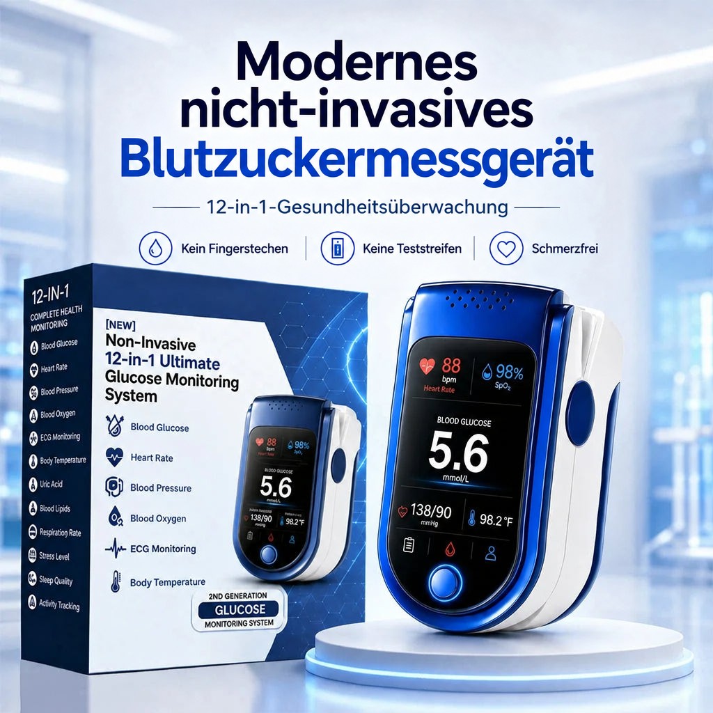 Das Messgerät auf einem hellen Podest vor seiner blauen Verpackung mit aufgedruckter Funktionsliste in einem hellen Labor. 10