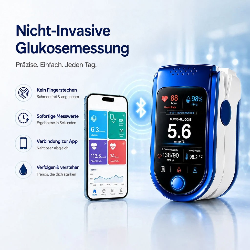 Das Messgerät neben einem Smartphone mit Gesundheits-App, dazwischen ein Bluetooth-Symbol, links vier Funktionen mit Symbolen. 9