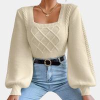Damen Pullover beige, Strick, Zopfmuster, quadratischer Ausschnitt, lange Ärmel, modisch.