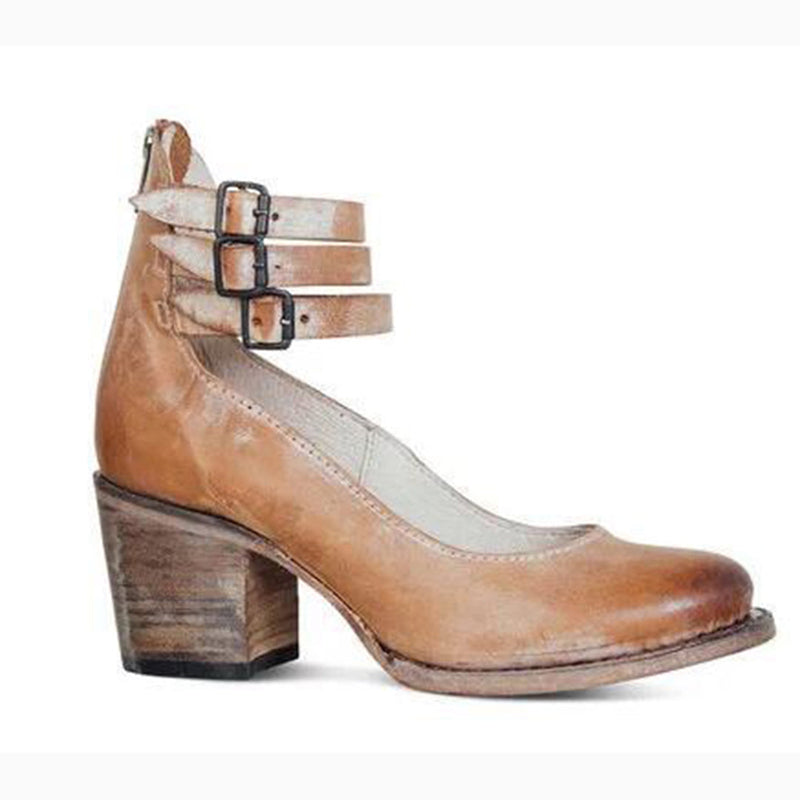 Brauner Damen-Lederschnürschuh mit Blockabsatz und doppelten Riemen, Vintage-Stil.