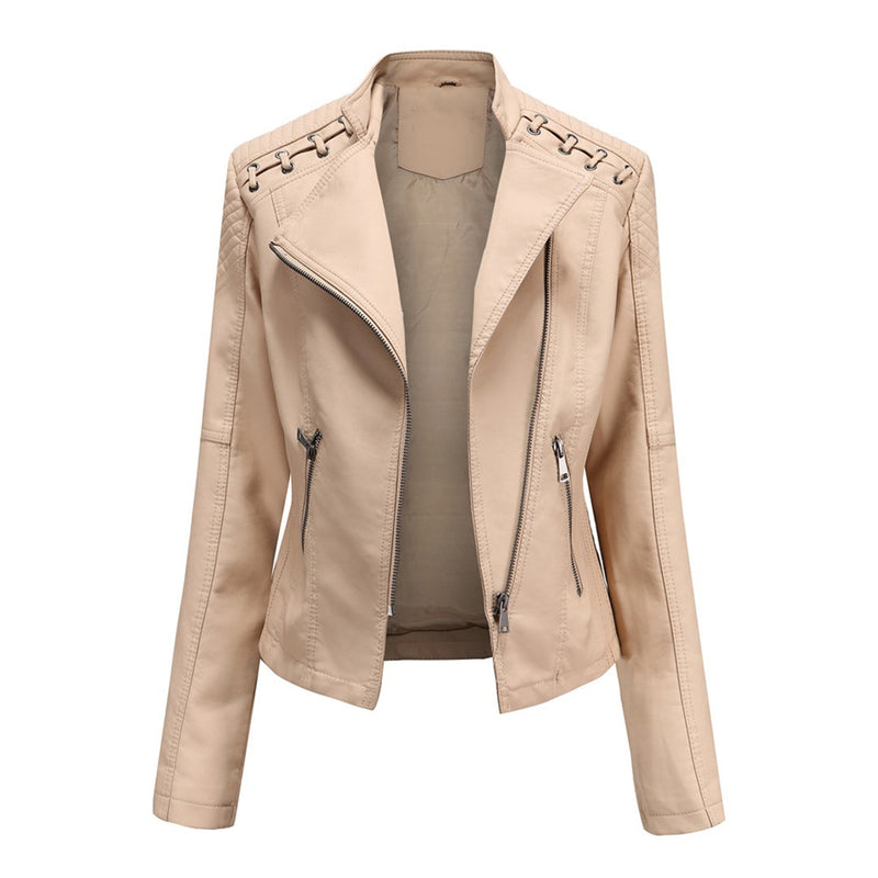 Beige Damen-Lederjacke mit Reißverschlüssen, modisch, elegant, Biker-Stil, Herbstmode.