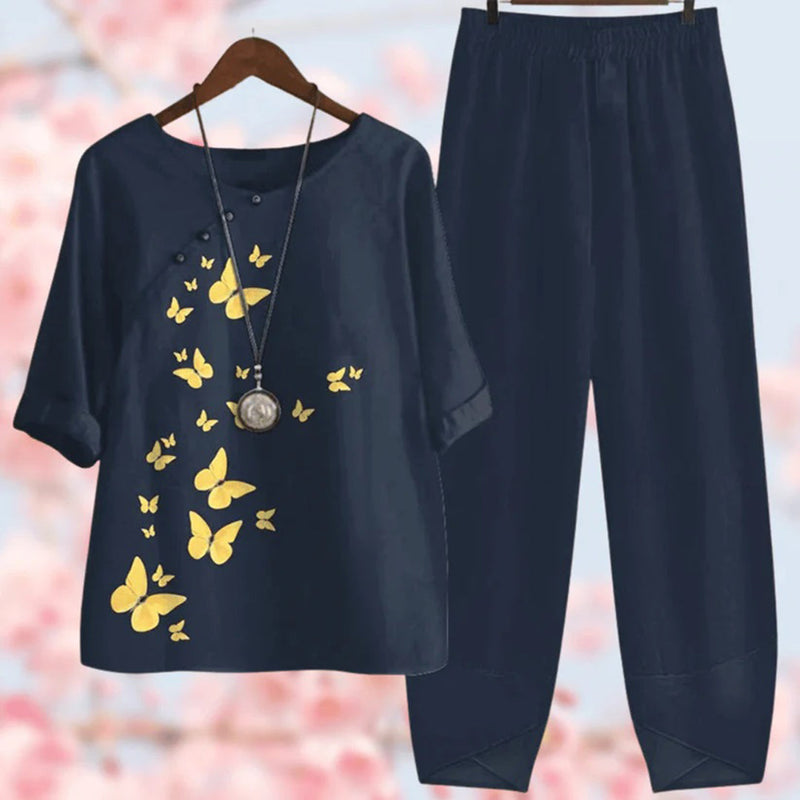 Damen-Set, schwarz, Schmetterlingsmuster, Oberteil und Hose, elegant, bequem, Freizeitmode.