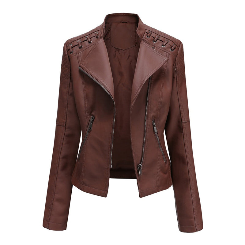 Braune Lederjacke für Damen, Reißverschluss, modisches Design, Herbstmode, elegant und stilvoll.