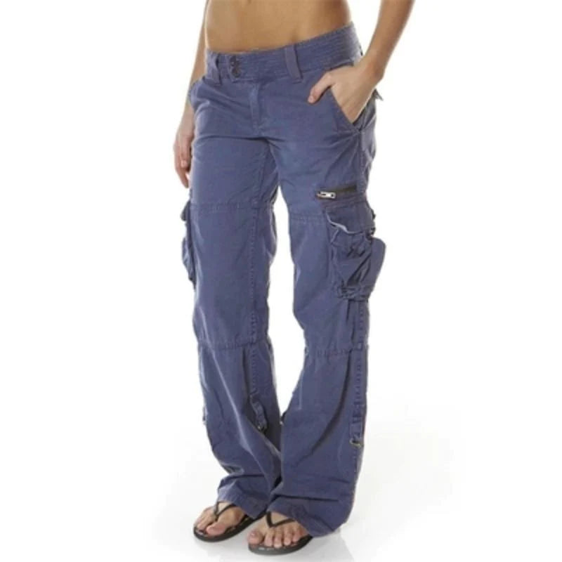 Damen Cargohose Blau, Taschen, Freizeitmode, Baumwolle, Bequem, Lässig, Outdoor, Trendy