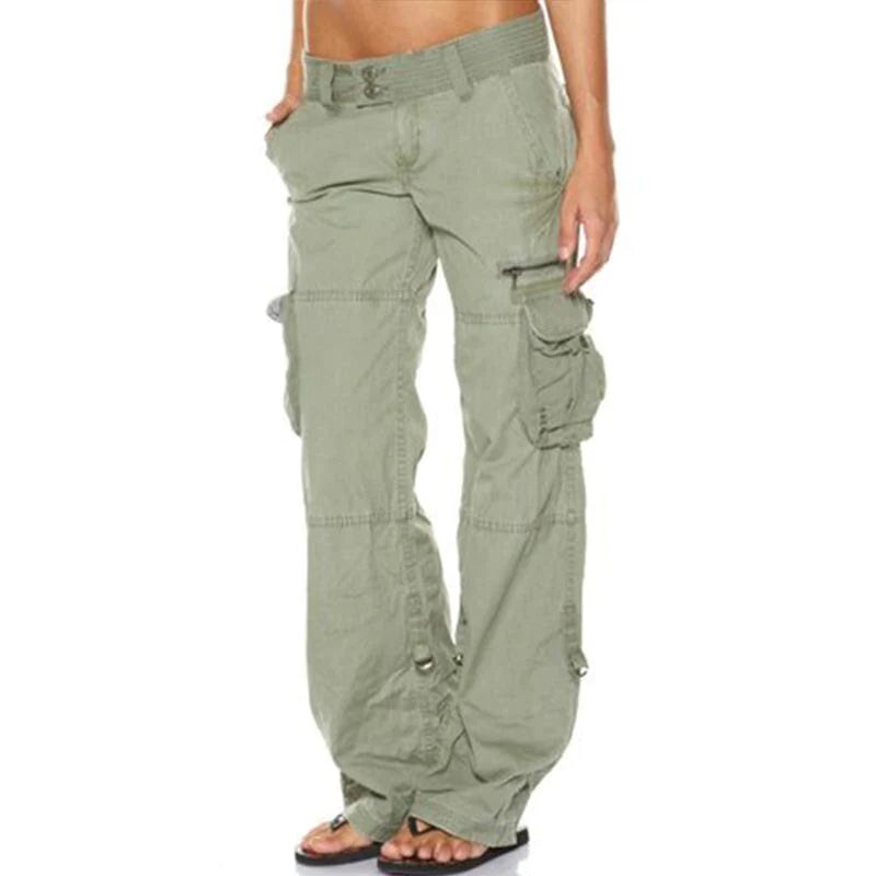 Damen Cargohose, grün, mit Taschen, Baumwolle, lässig, modisch, Freizeitkleidung.
