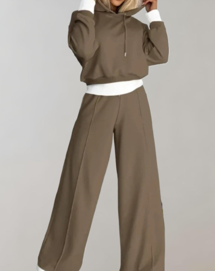 Damen Zweiteiler Set, olivgrün, Kapuzenpullover und weite Hose, Freizeitmode, bequemes Outfit