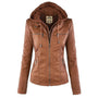 Damen Lederjacke braun mit Kapuze, Reißverschlüssen, modisch, Herbstmode, Freizeitkleidung.