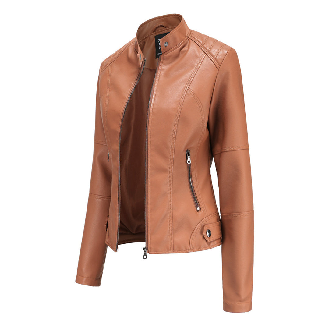 Damen Lederjacke, braun, Reißverschluss, Stehkragen, modisch, elegant, Herbstmode, vegan.