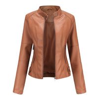 Damen Lederjacke, braun, Reißverschluss, modisch, elegant, Herbstmode, Kunstleder, Stehkragen.