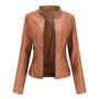 Damen Lederjacke, braun, Reißverschluss, modisch, elegant, Herbstmode, Kunstleder, Stehkragen.