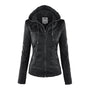 Damen Lederjacke schwarz mit Kapuze, Reißverschlüssen, modisch, Herbstmode, Freizeitkleidung.