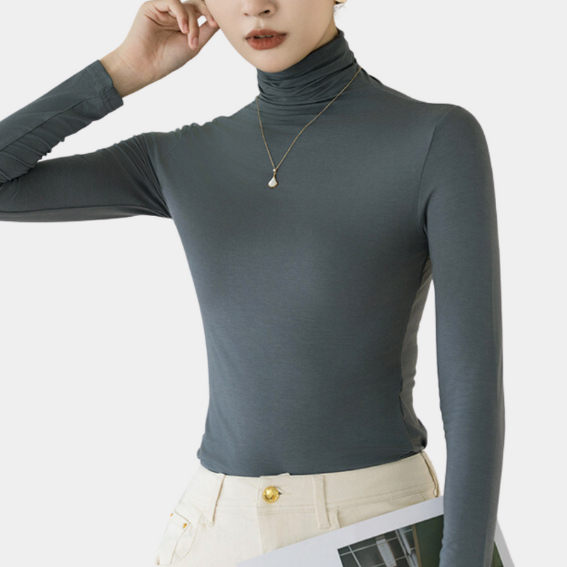 Damen Rollkragenpullover, dunkelgrau, langärmelig, elegantes Design, Herbstmode.
