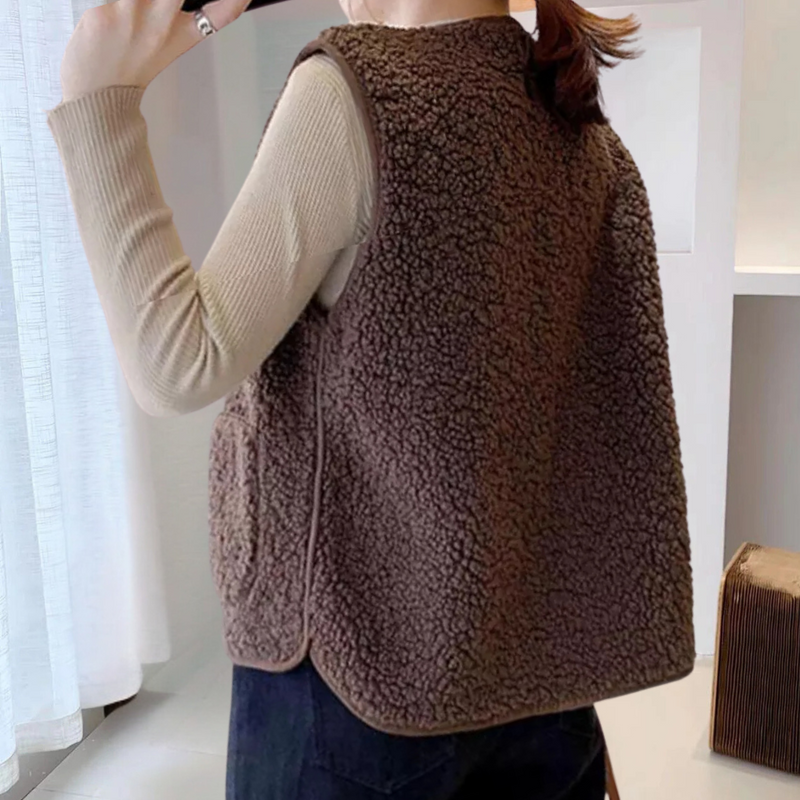 Damen Teddyfell-Weste, braun, ärmellos, warm, modisch, Herbst-Winter, Freizeitkleidung.