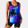 Damen Tanktop mit tropischem Palmenmuster, lila-blau, ärmellos, Sommermode.