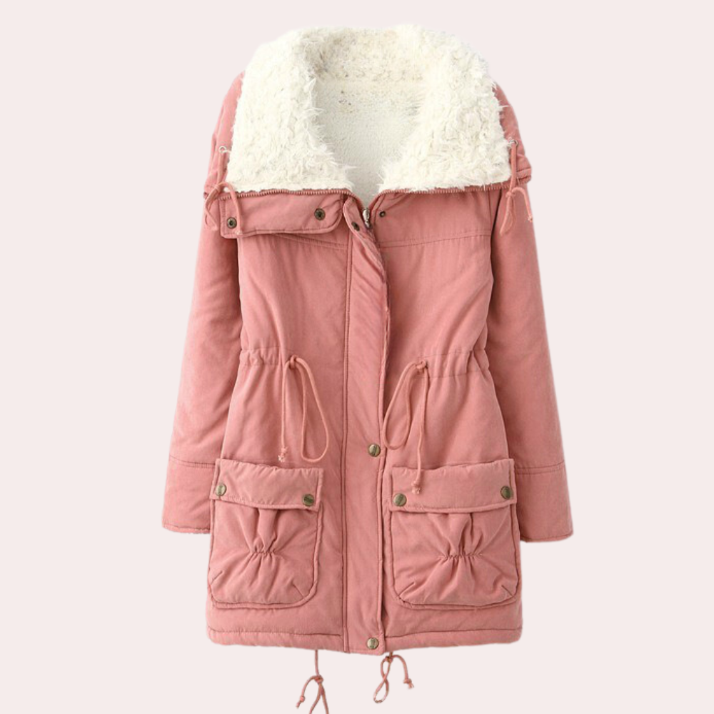Damen Winterjacke rosa, Fleece-Futter, Kapuze, Taschen, warm, modisch, Outdoor-Bekleidung.